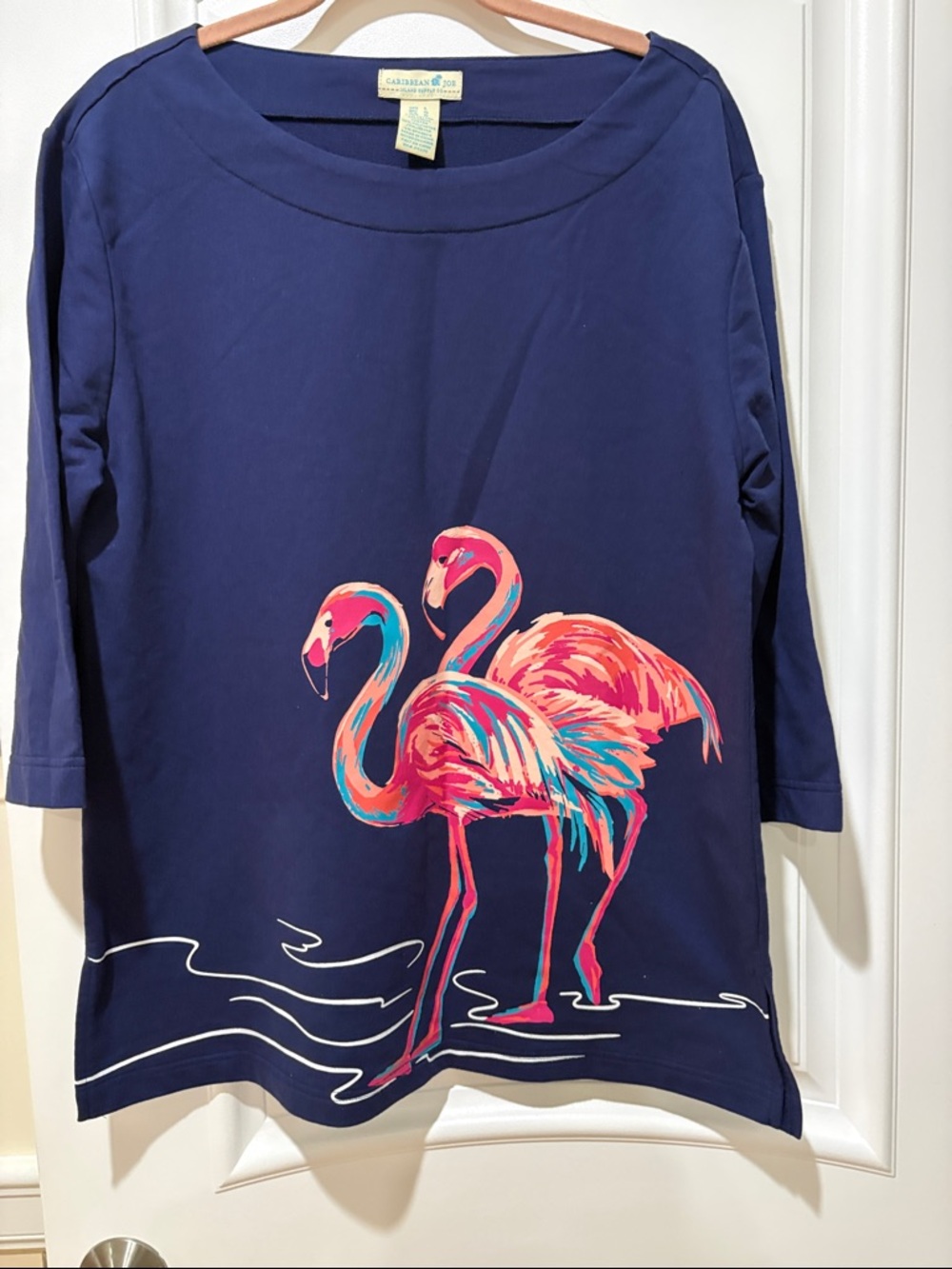 Caribbean Joe Navy Top with Pink & Teal Flamingo Print - Picture 4 of 14